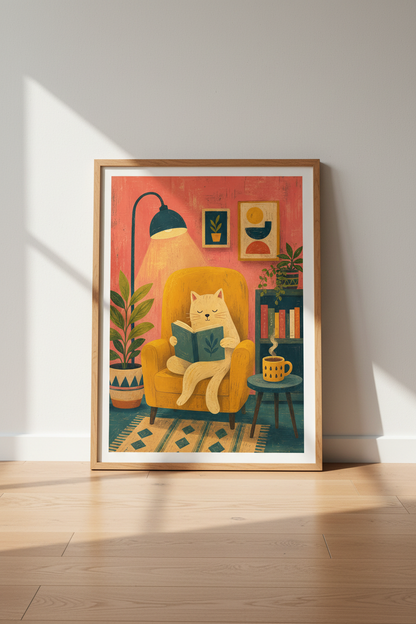 Cozy Cat Reading Wall Art | Boho Library Decor | Whimsical Animal Poster