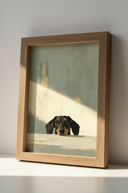 Peeking Dachshund | Oil Paint Style Wiener Dog Print, Neutral Home Decor