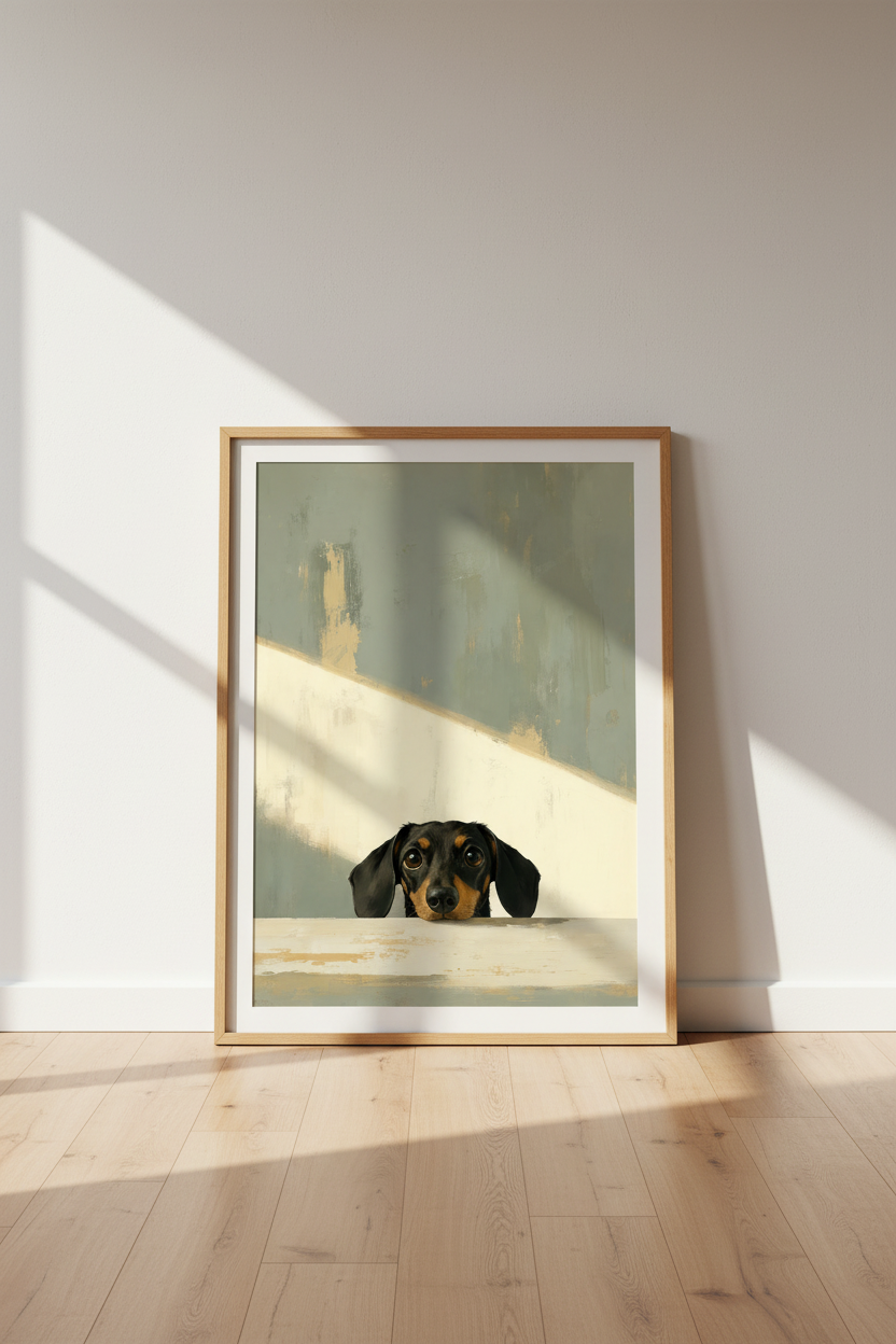 Peeking Dachshund | Oil Paint Style Wiener Dog Print, Neutral Home Decor