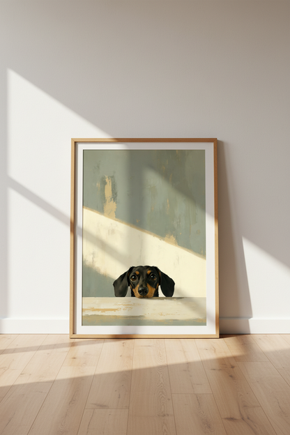 Peeking Dachshund | Oil Paint Style Wiener Dog Print, Neutral Home Decor