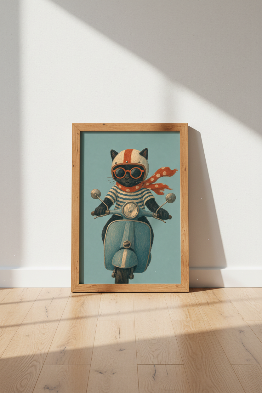 Vintage Black Cat Scooter Wall Art | Nursery Decor | Retro Animal Poster