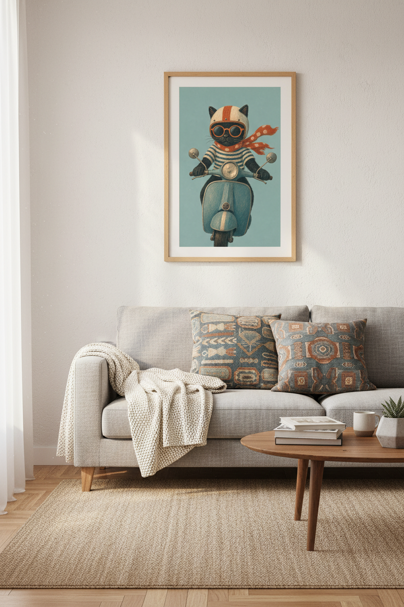 Vintage Black Cat Scooter Wall Art | Nursery Decor | Retro Animal Poster