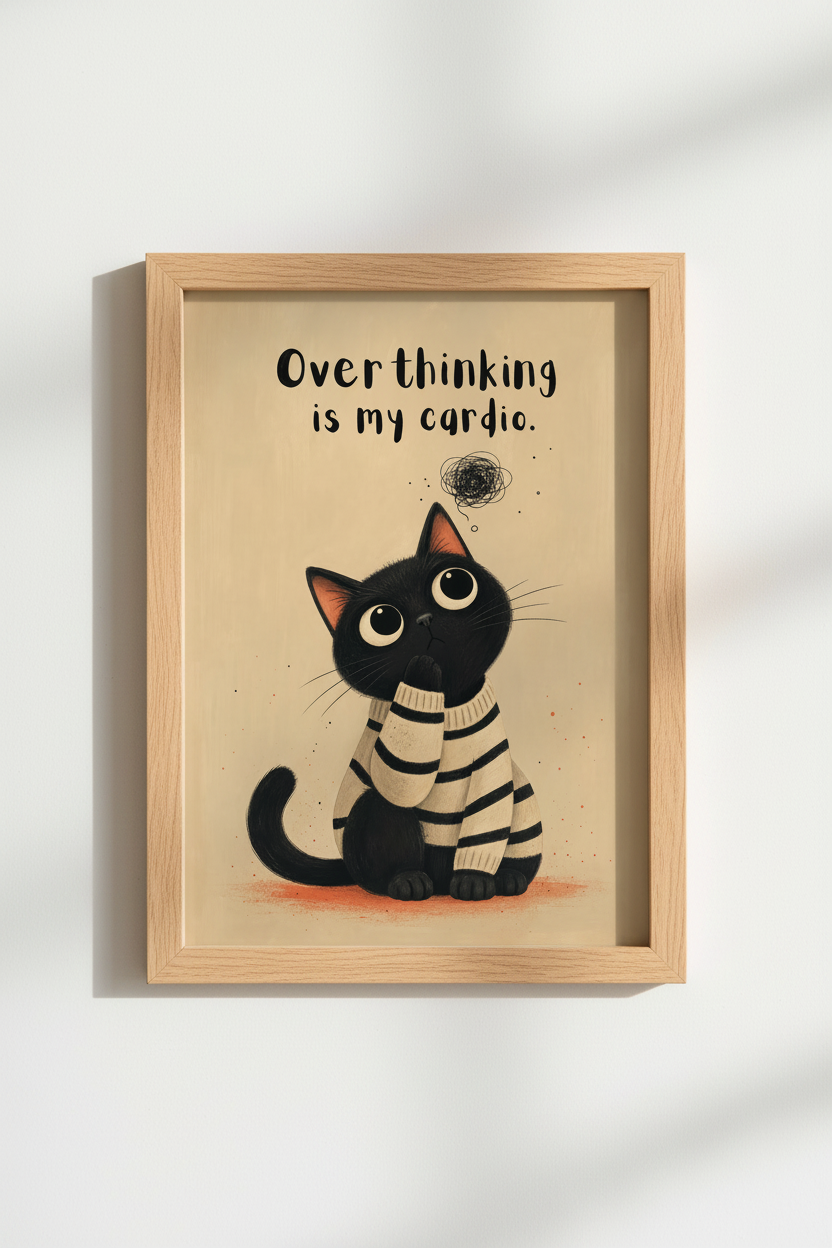Funny Cat Wall Art Print | Black Cat Overthinking Poster | Quirky Office Decor