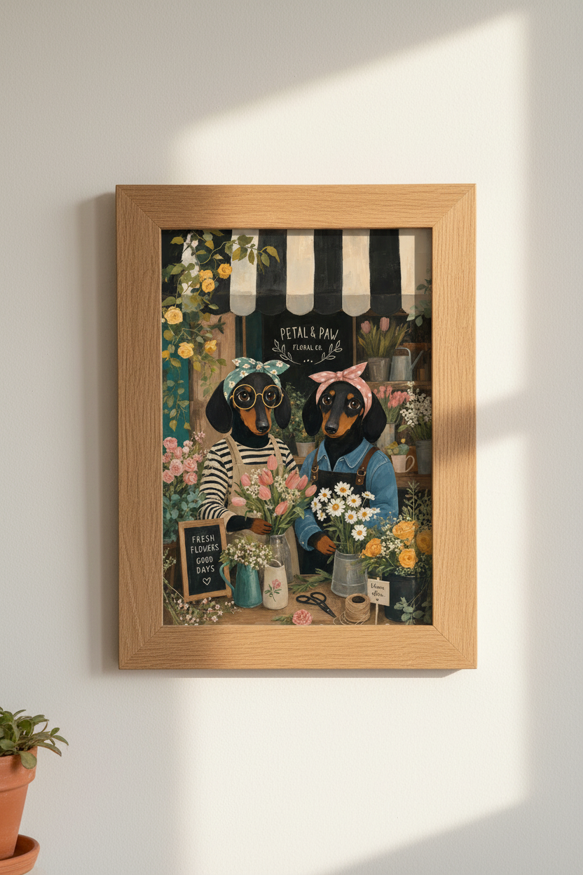 Dachshund Flower Shop Art Print | Floral Dog Decor | Whimsical Nursery Poster