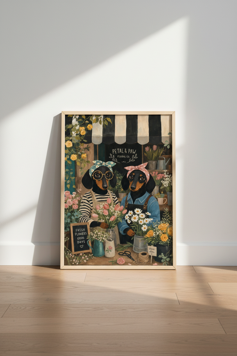 Dachshund Flower Shop Art Print | Floral Dog Decor | Whimsical Nursery Poster