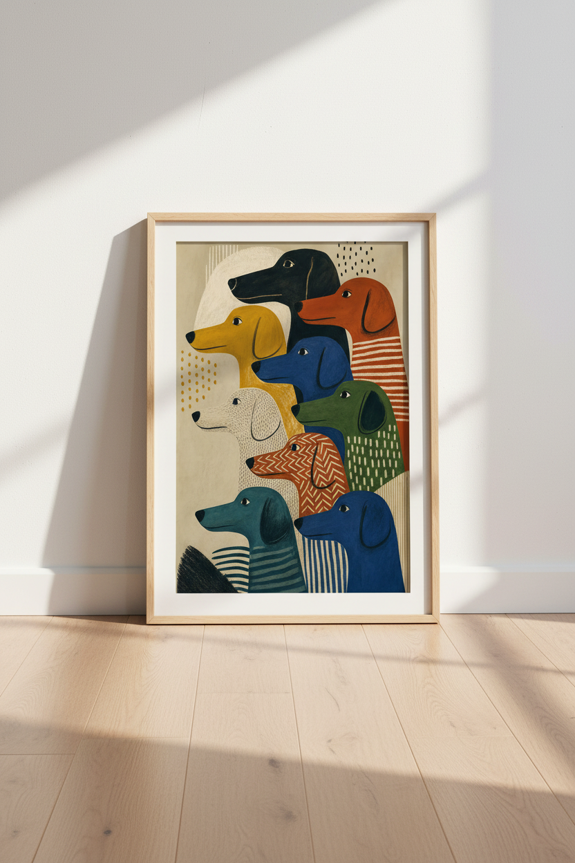 Dachshund Dog Wall Art Print | Mid-Century Modern Poster | Colorful Folk Art Decor