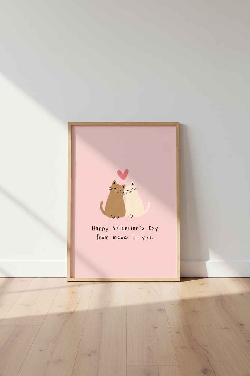 Cat Valentine Wall Art Print | Cute Pink Kitten Poster, Pet Lover Bedroom Decor