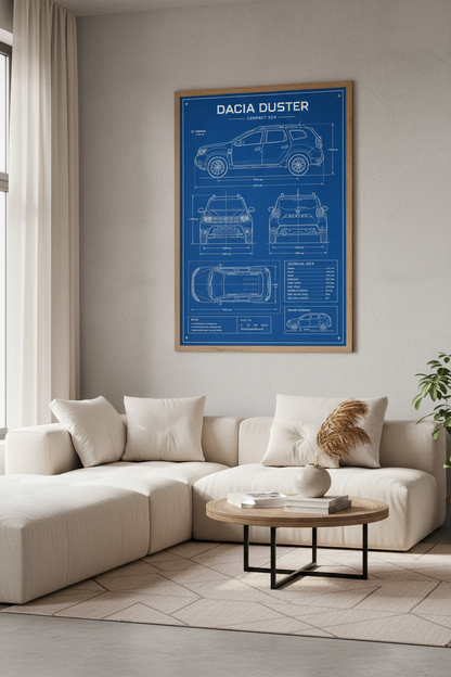 Dacia Duster SUV Blueprint Wall Art | Garage Decor | Industrial Car Poster