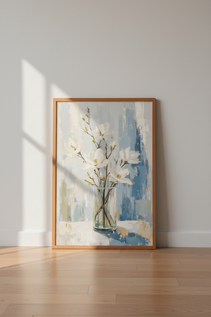 White Magnolia Floral Painting | Abstract Blue Oil Style Print, Living Room Wall Art