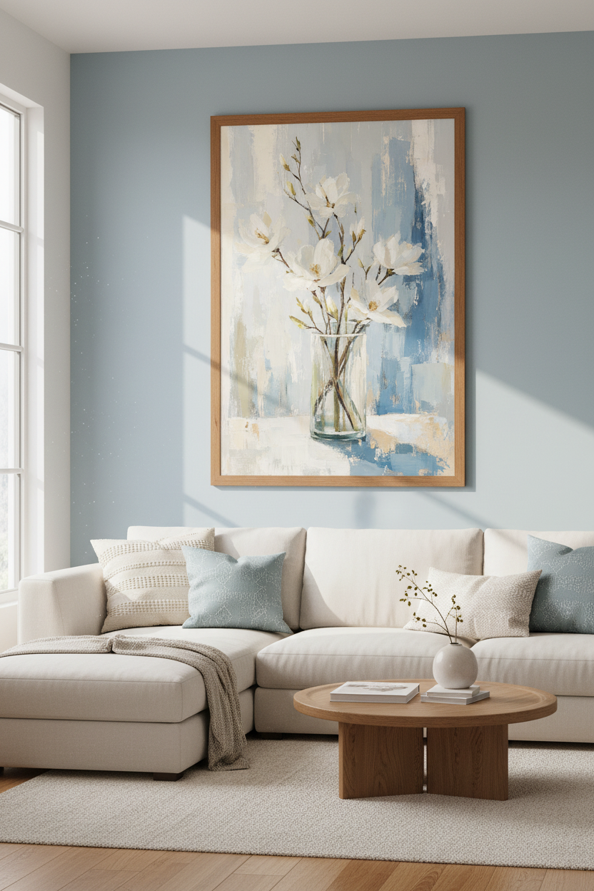 White Magnolia Floral Painting | Abstract Blue Oil Style Print, Living Room Wall Art
