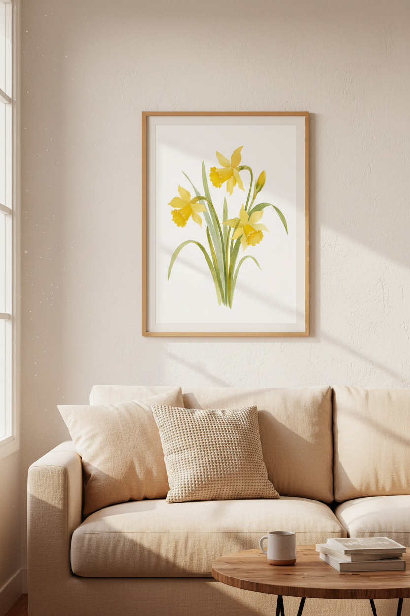 Watercolor Daffodil Wall Art Print | Living Room Decor | Botanical Poster