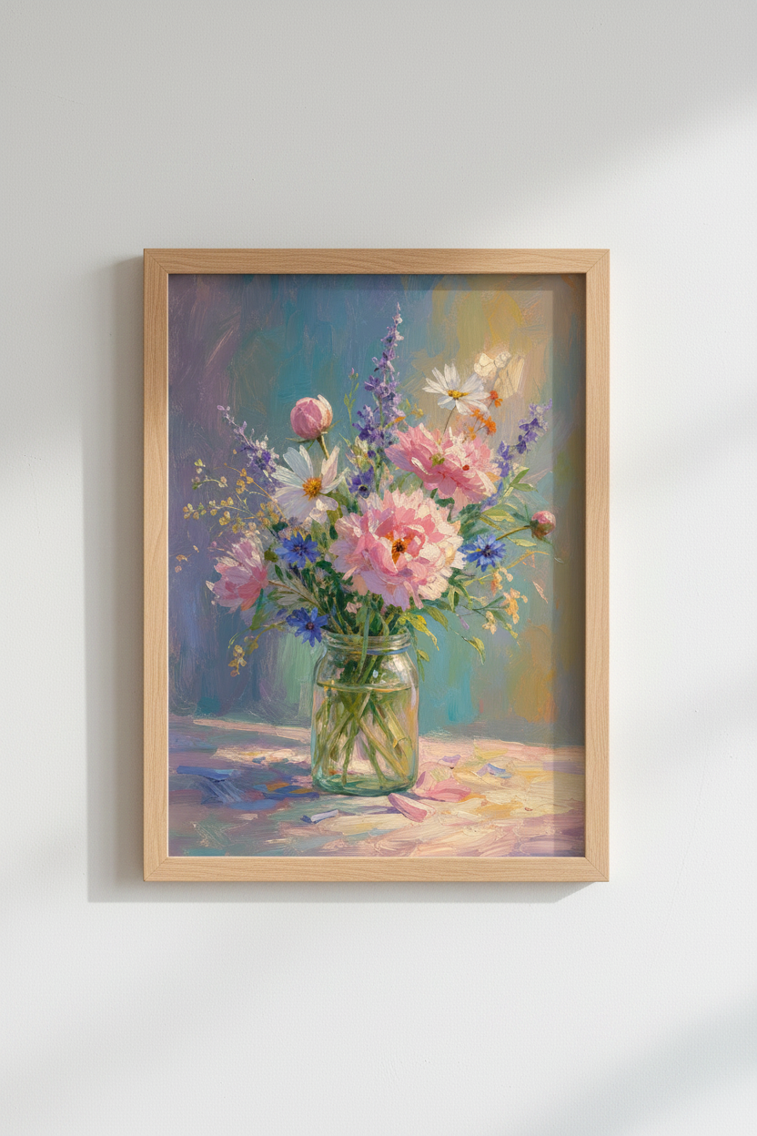Floral Bouquet Oil Painting | Pink Peony Wildflower Print, Cottagecore Wall Art