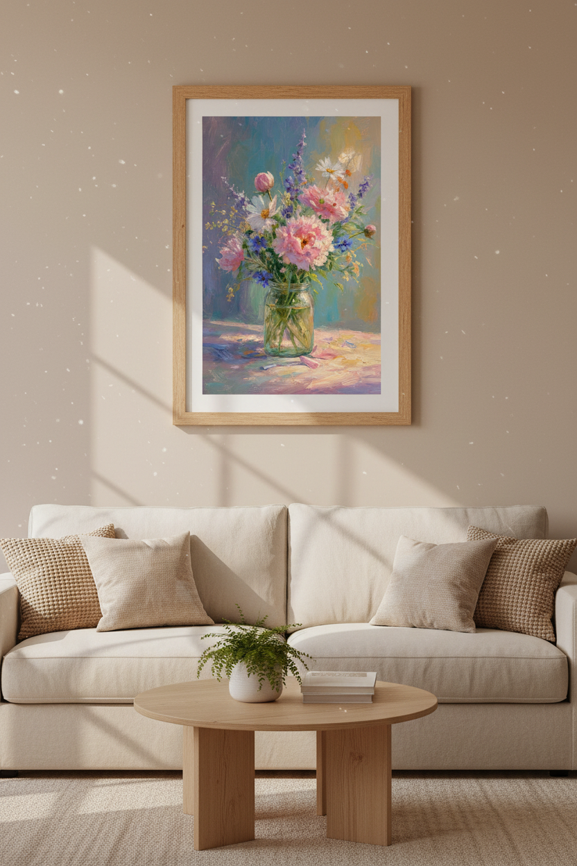 Floral Bouquet Oil Painting | Pink Peony Wildflower Print, Cottagecore Wall Art