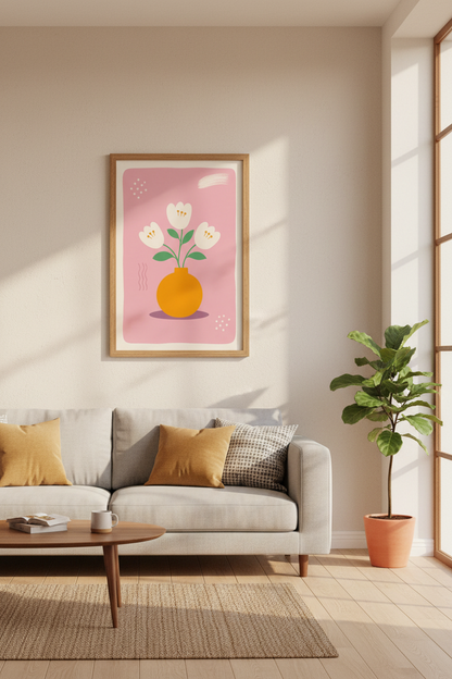 Abstract Tulip Floral Wall Art | Pink &amp; Orange Pastel Poster | Modern Nursery Decor
