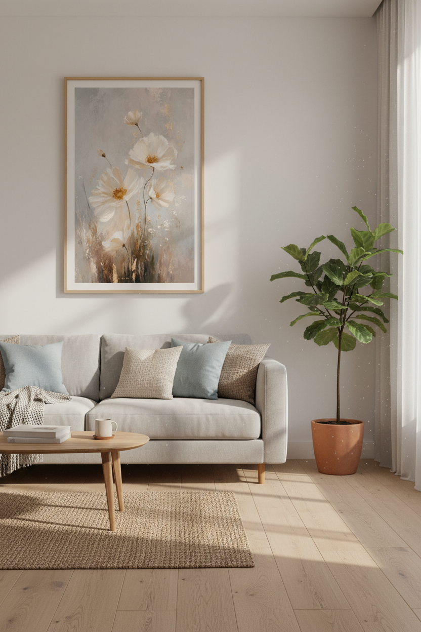 Cream Floral Oil Painting | Neutral Botanical Wall Art, Living Room Decor Poster Art
