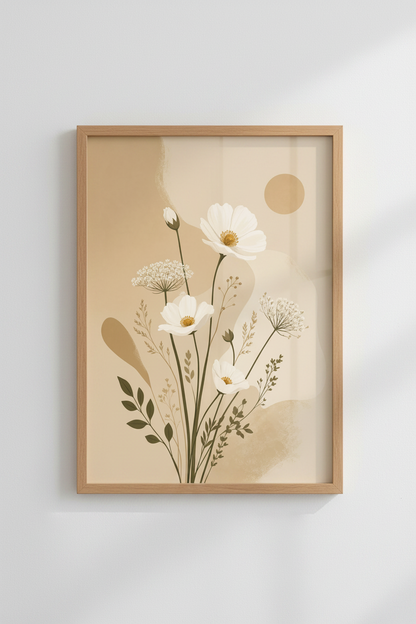 Neutral Wildflower Wall Art Print | Beige Botanical Decor | Boho Minimalist Poster