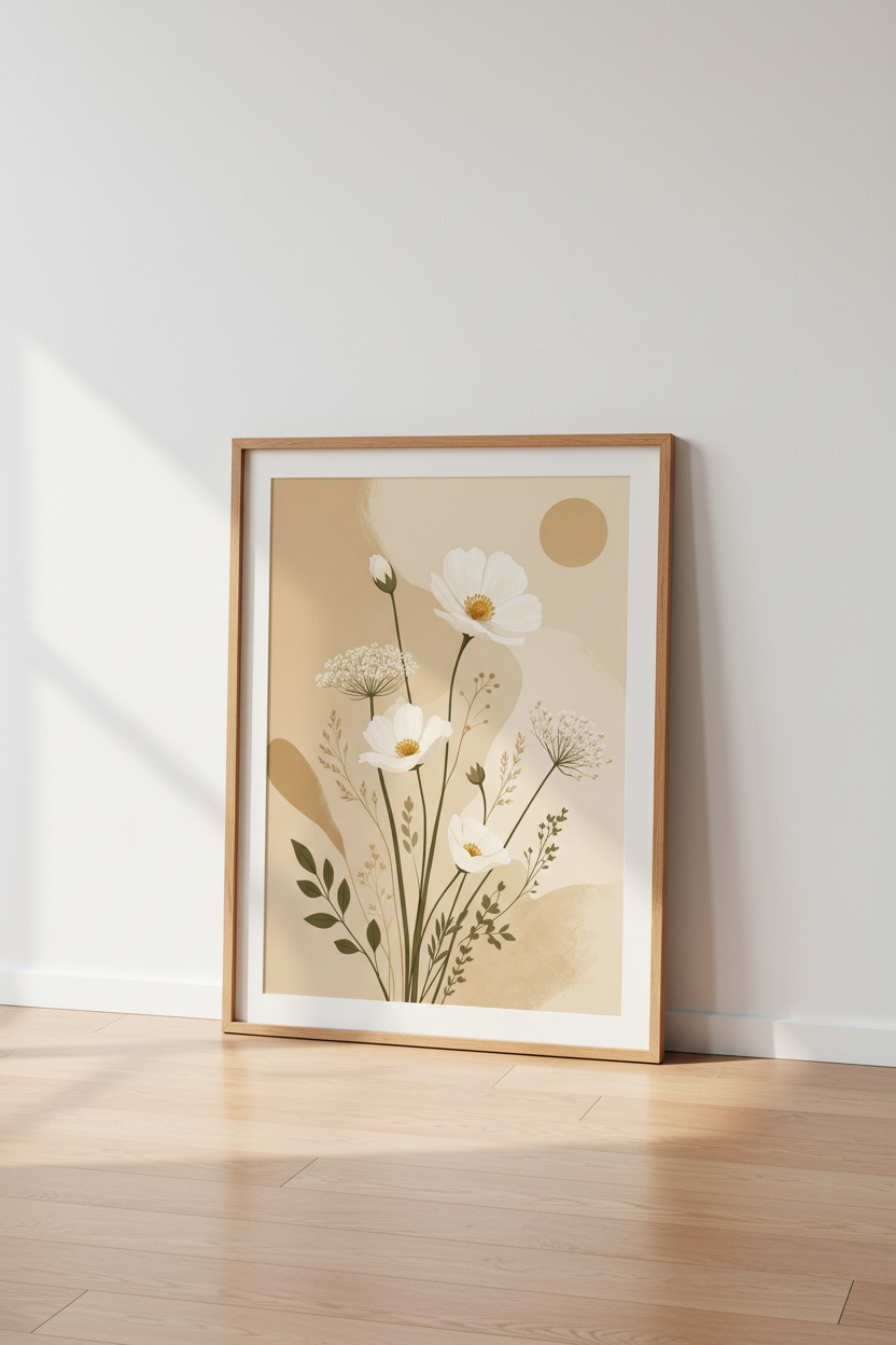 Neutral Wildflower Wall Art Print | Beige Botanical Decor | Boho Minimalist Poster
