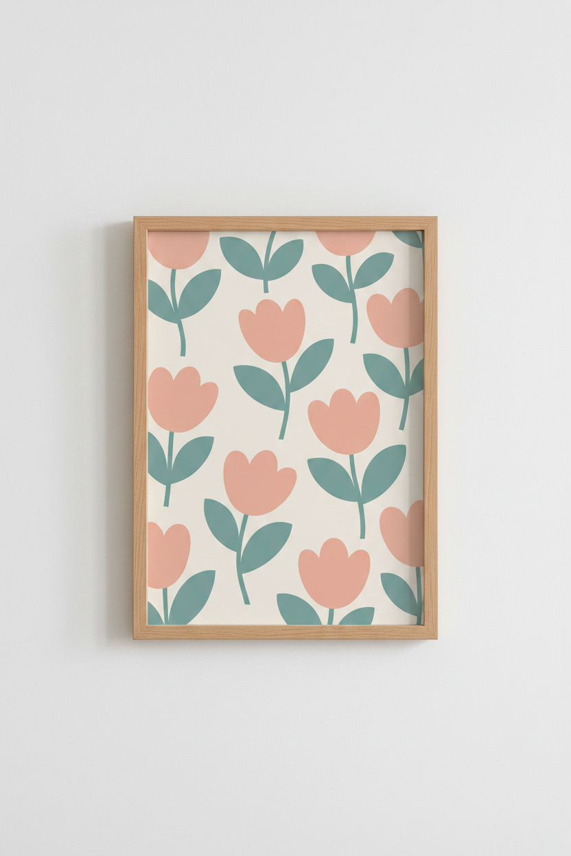 Tulip Floral Art Print | Pink &amp; Sage Minimalist Poster, Nursery &amp; Bedroom Decor