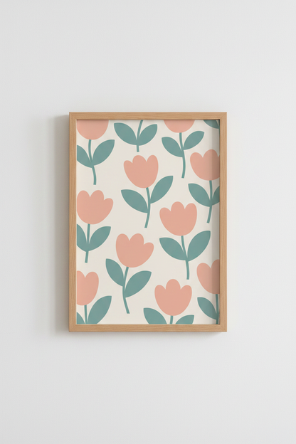 Tulip Floral Art Print | Pink &amp; Sage Minimalist Poster, Nursery &amp; Bedroom Decor