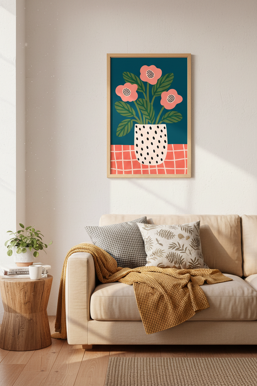 Colorful Floral Art Print | Modern Botanical Vase Poster, Living Room Decor