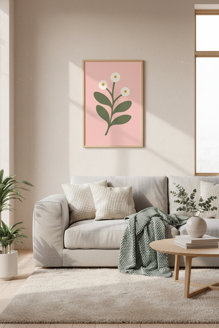 Minimalist Flower Botanical Wall Art | Blush Pink Nursery Decor | Danish Pastel Poster
