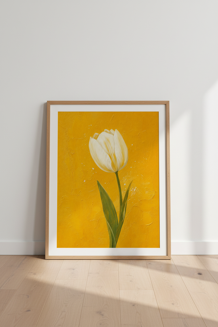 White Tulip | Yellow Floral Oil Painting, Living Room Decor Modern Poster