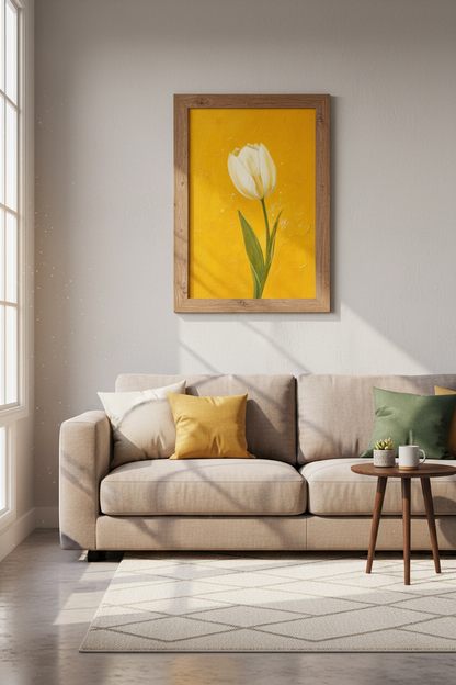 White Tulip | Yellow Floral Oil Painting, Living Room Decor Modern Poster