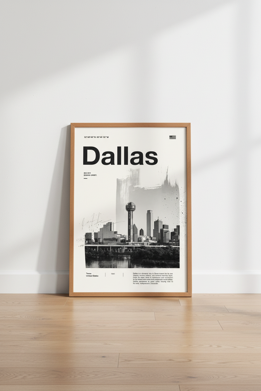 Dallas Texas Skyline Wall Art | Modern Minimalist Poster | Black and White City Decor