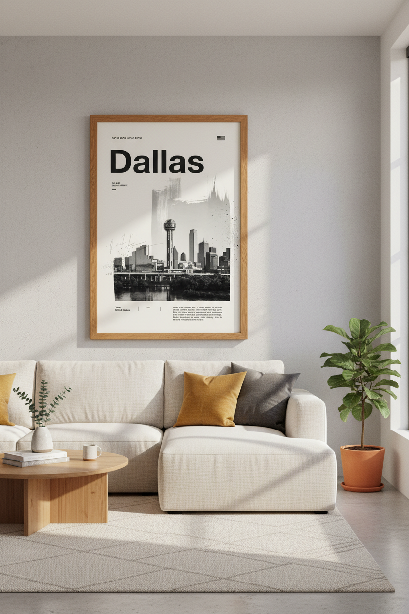 Dallas Texas Skyline Wall Art | Modern Minimalist Poster | Black and White City Decor