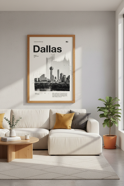Dallas Texas Skyline Wall Art | Modern Minimalist Poster | Black and White City Decor