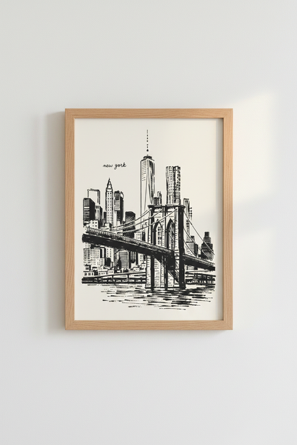 NY City Sketch Wall Art Print | Brooklyn Bridge Skyline, Minimalist NYC Poster
