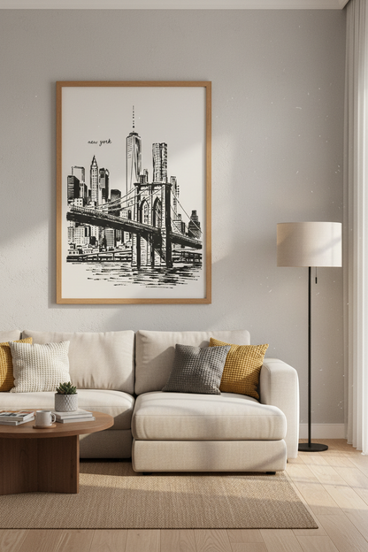 NY City Sketch Wall Art Print | Brooklyn Bridge Skyline, Minimalist NYC Poster