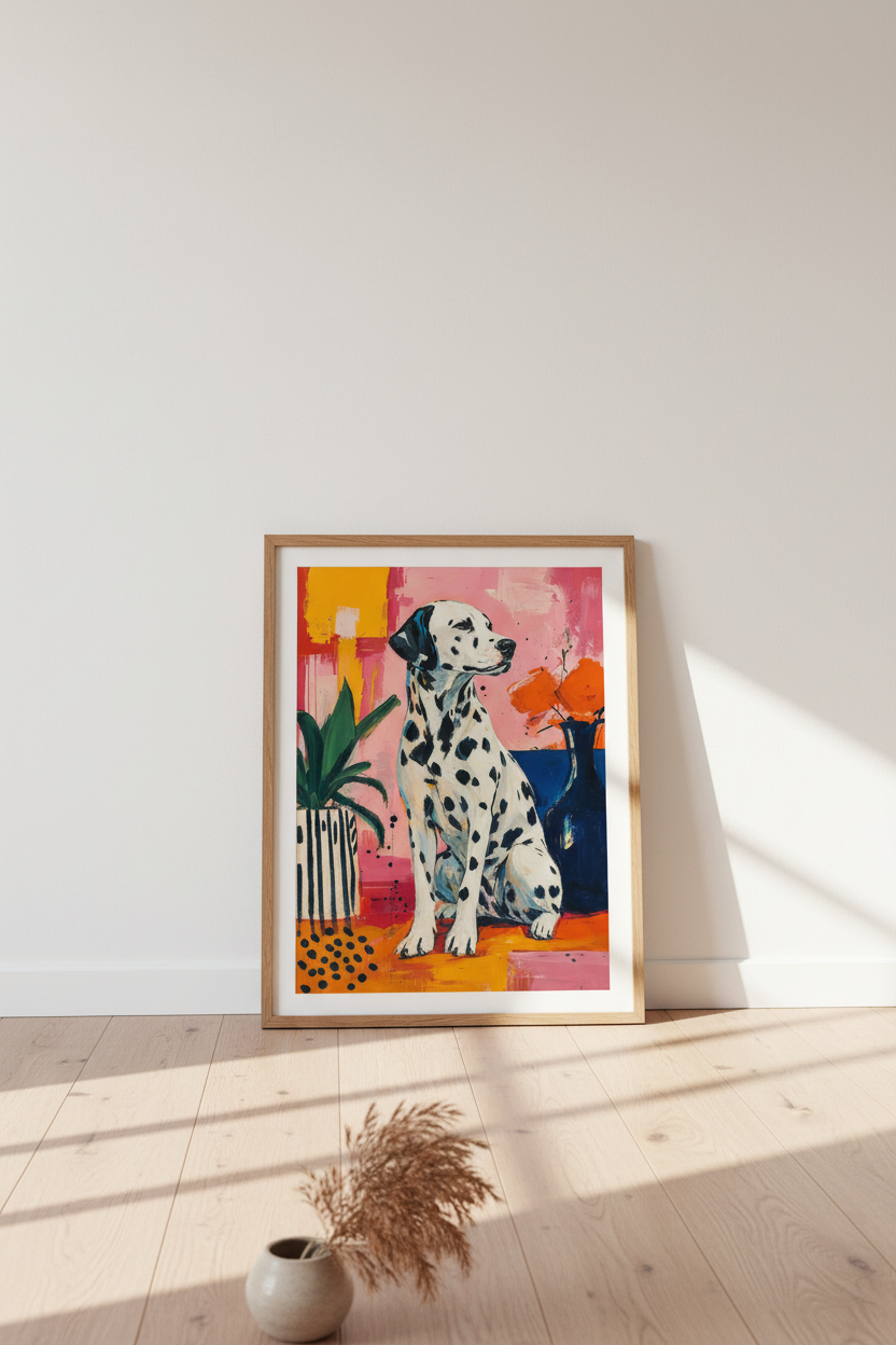 Dalmatian Dog Art | Colorful Abstract Pink Portrait, Maximalist Living Room Decor