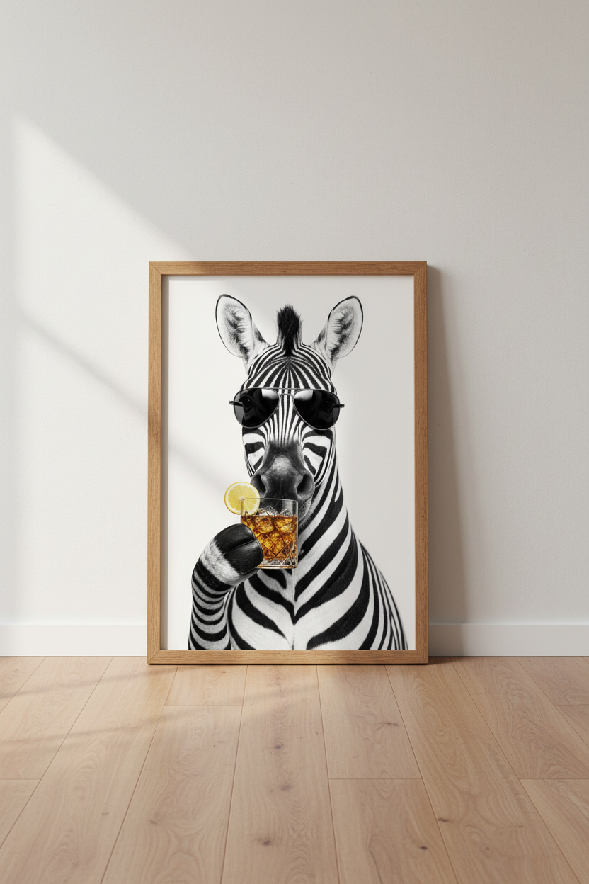 Zebra Drinking Cocktail Wall Art | Funny Animal Bar Decor | Modern Black and White Poster