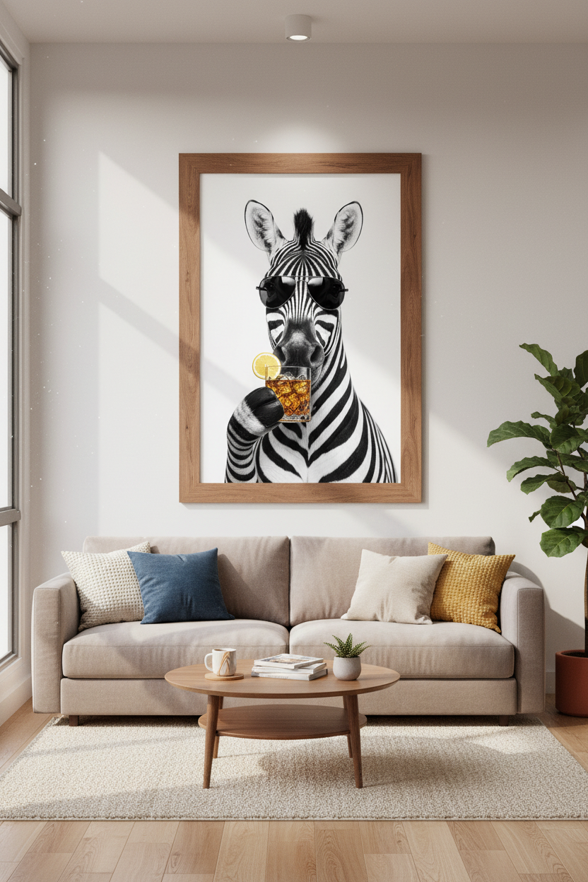 Zebra Drinking Cocktail Wall Art | Funny Animal Bar Decor | Modern Black and White Poster