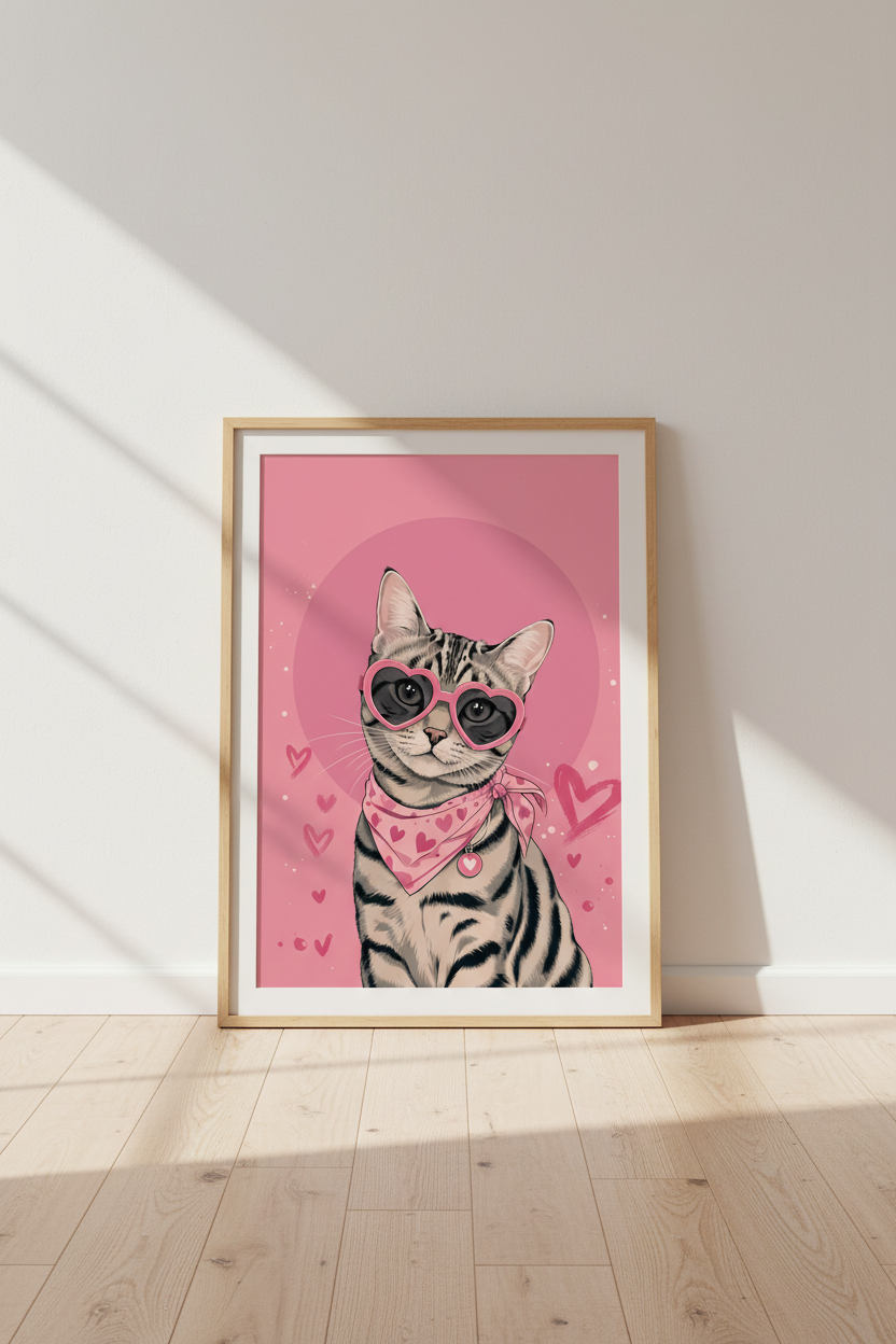 Pink Tabby Cat Wall Art | Heart Sunglasses Poster | Cute Preppy Room Decor