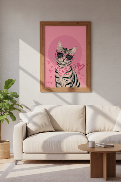 Pink Tabby Cat Wall Art | Heart Sunglasses Poster | Cute Preppy Room Decor