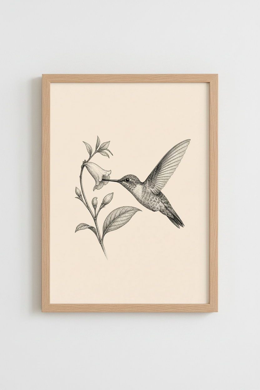 Vintage Hummingbird Wall Art Print | Cream Botanical Sketch | Nature Room Decor