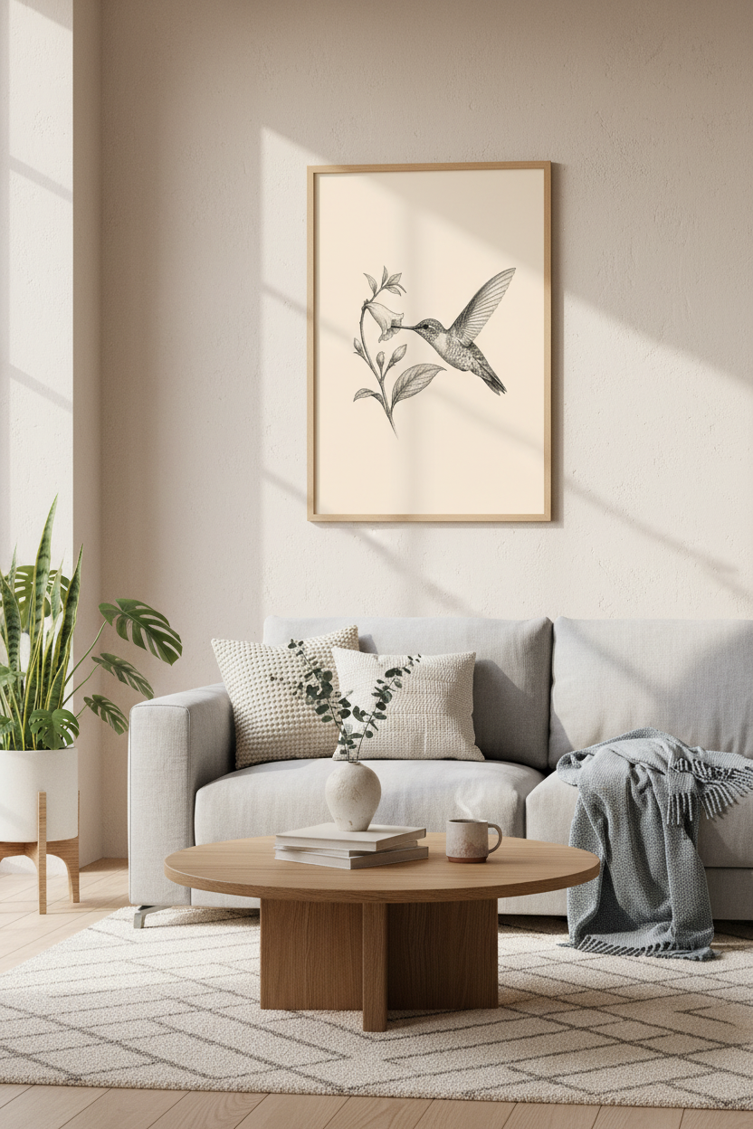 Vintage Hummingbird Wall Art Print | Cream Botanical Sketch | Nature Room Decor