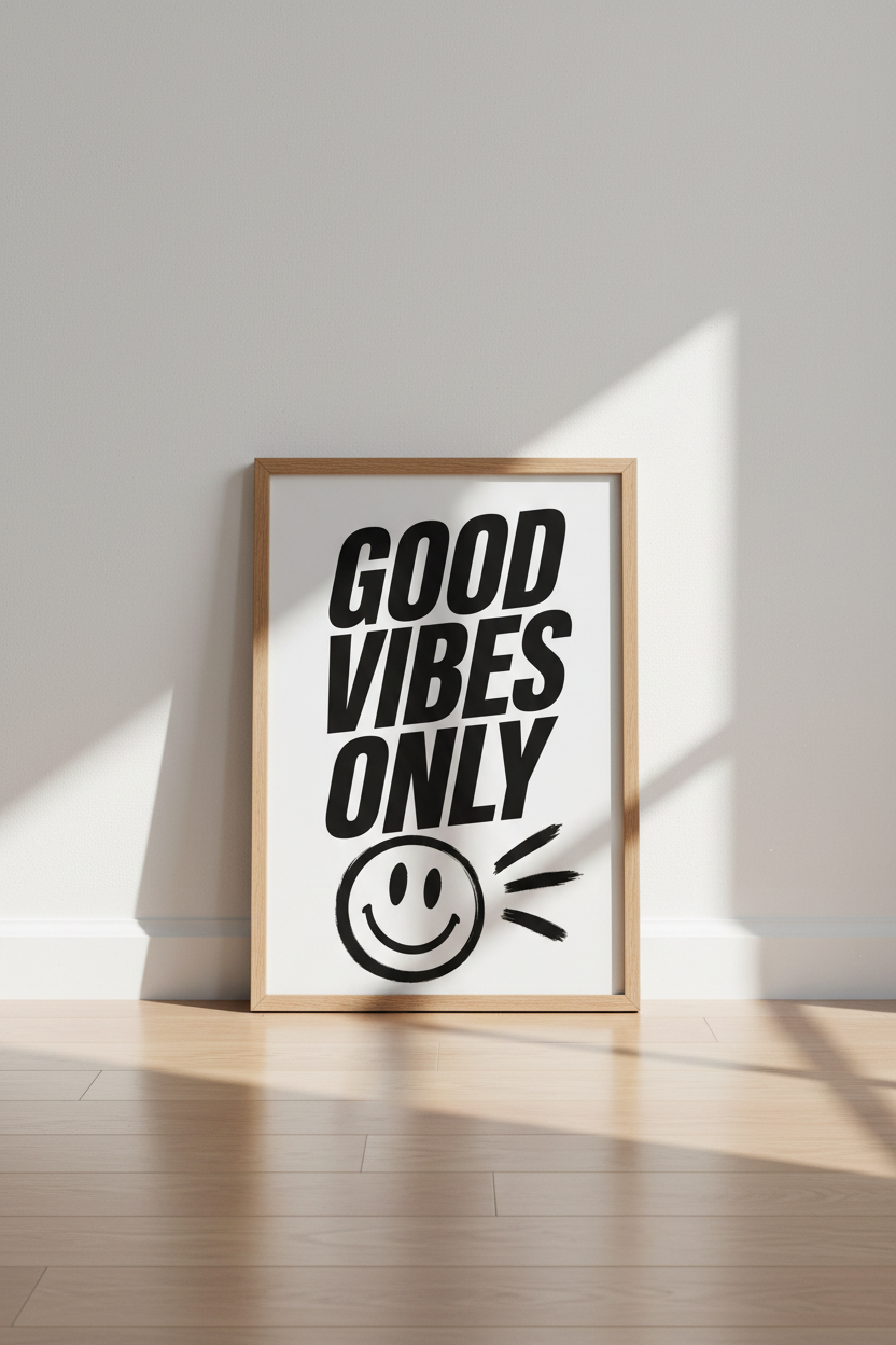 Good Vibes Only Smiley Wall Art | Black &amp; White Typography, Modern Dorm Decor