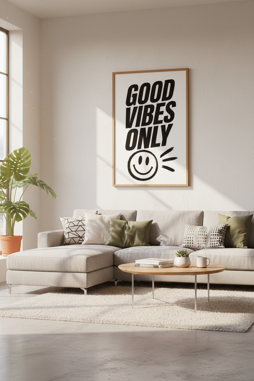 Good Vibes Only Smiley Wall Art | Black &amp; White Typography, Modern Dorm Decor