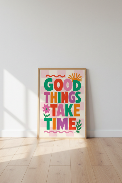 Good Things Take Time Wall Art | Pink Checkered Retro Poster, Colorful Office Decor