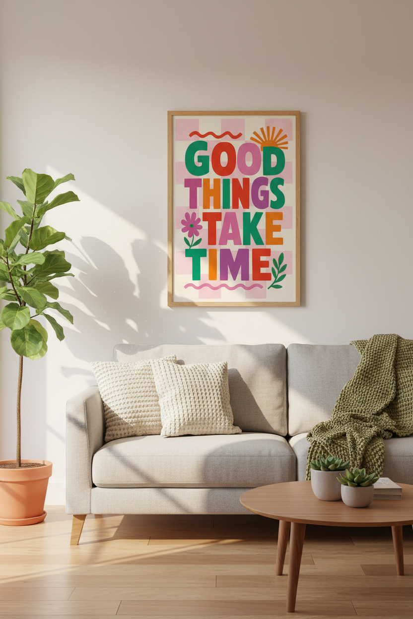 Good Things Take Time Wall Art | Pink Checkered Retro Poster, Colorful Office Decor