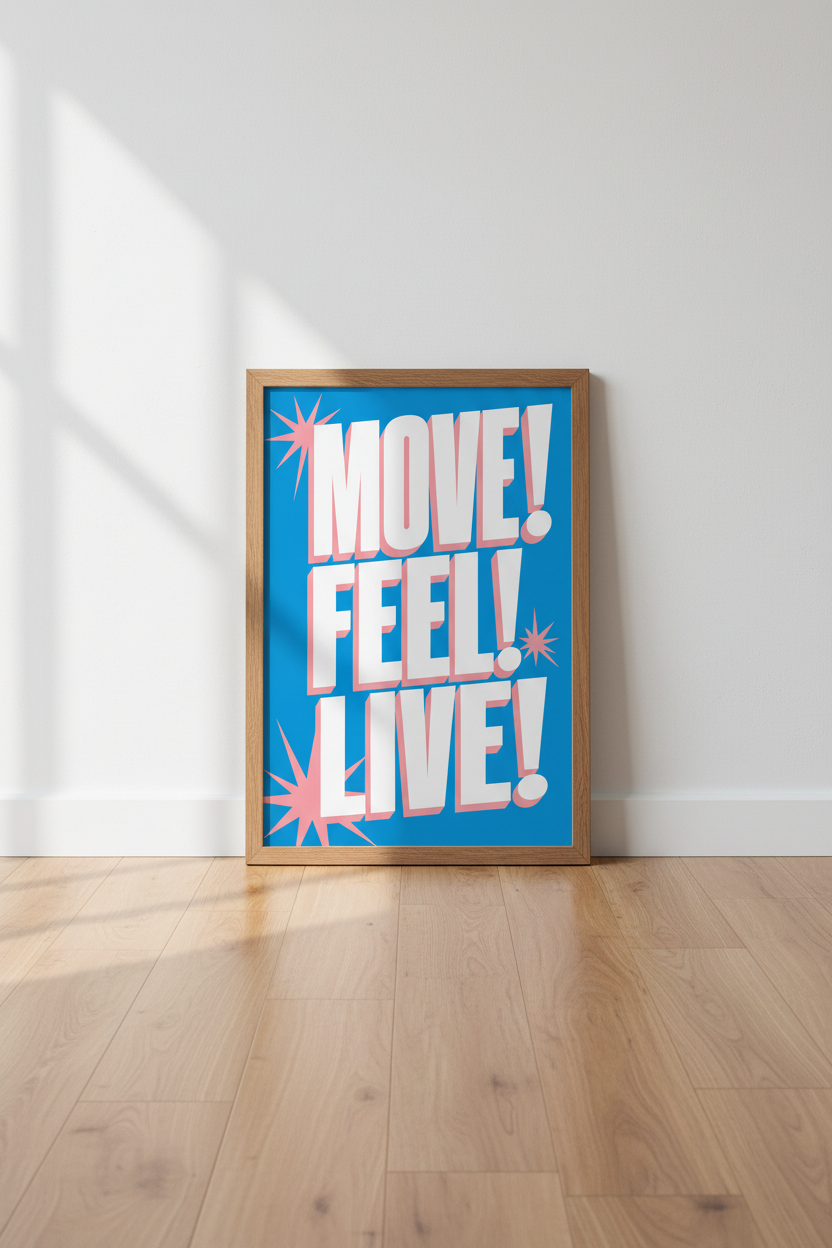 Move Feel Live Print | Retro Typography Blue &amp; Pink, Motivational Gym Decor
