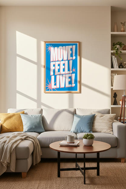 Move Feel Live Print | Retro Typography Blue &amp; Pink, Motivational Gym Decor
