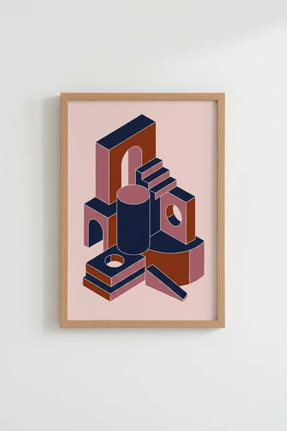 Abstract Geometric Architecture | Terracotta &amp; Navy, Modern Living Room Wall Art