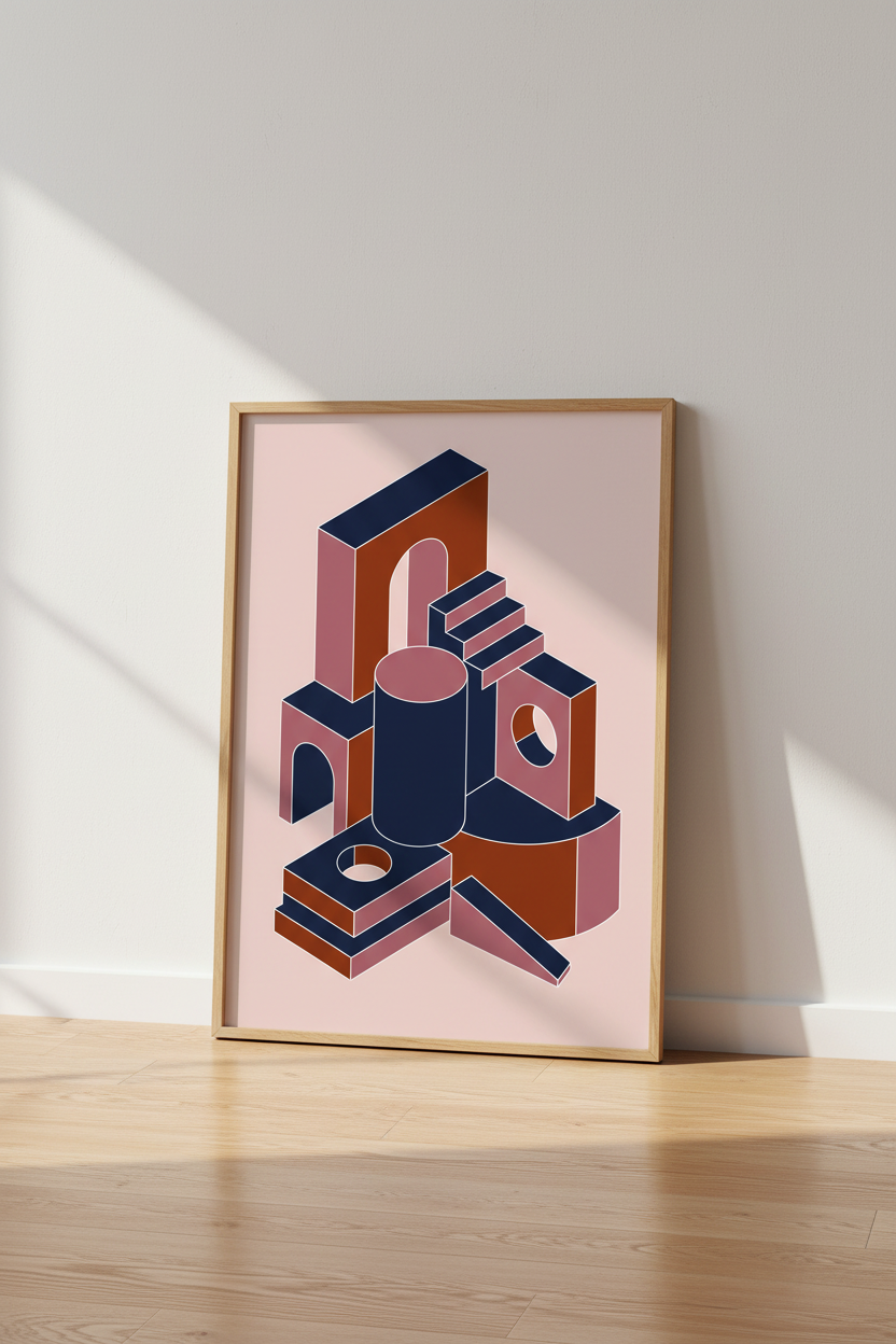 Abstract Geometric Architecture | Terracotta &amp; Navy, Modern Living Room Wall Art