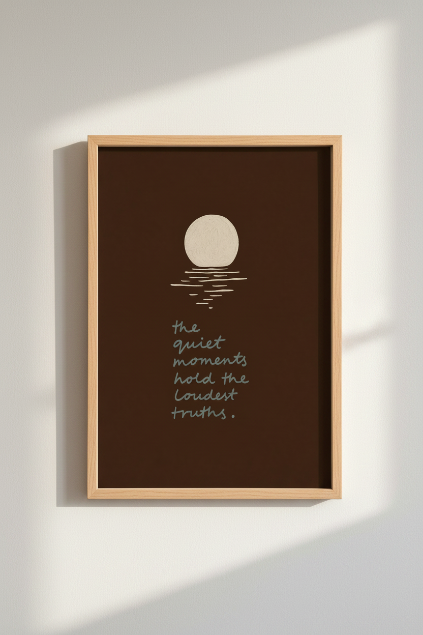 Quiet Moments Quote Wall Art | Brown Minimalist Moon Poster, Bedroom Decor