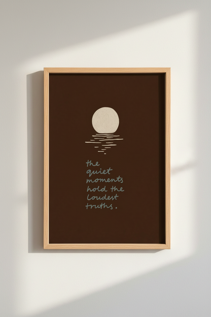 Quiet Moments Quote Wall Art | Brown Minimalist Moon Poster, Bedroom Decor