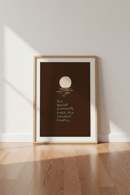 Quiet Moments Quote Wall Art | Brown Minimalist Moon Poster, Bedroom Decor